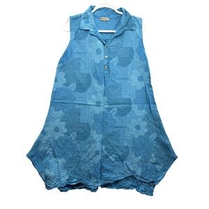Pure Linen Tunic Shirt Dress Made In Italy 100% Blue Sleeveless Floral
